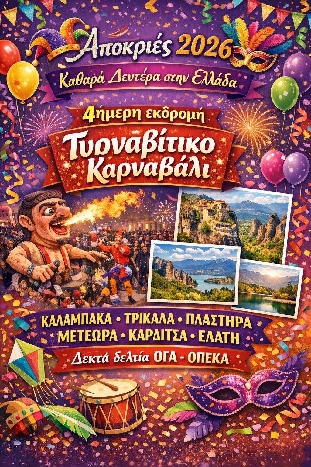 Αποκριάτικη 4ήμερη Εκδρομή Καλαμπάκα, Μετέωρα & Τυρναβήτικο Καρναβάλι
Ξεφάντωμα καρναβαλιού, φύση και παράδοση στην καρδιά της Ελλάδας – Ζήστε το Τυρναβήτικο Μπουρανί & τη μαγεία της Θεσσαλίας!
